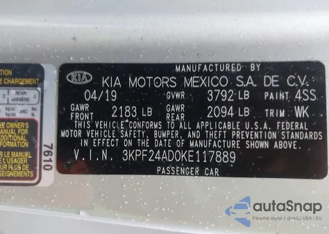 2019 Kia Forte Lxs from USA, damaged, VIN 3KPF24AD0KE117889
